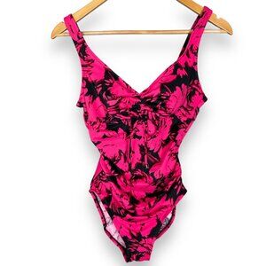 Aqua Green Swimsuit Floral‎ Pink Black Size Small One Piece V-Neck Bathing Suit